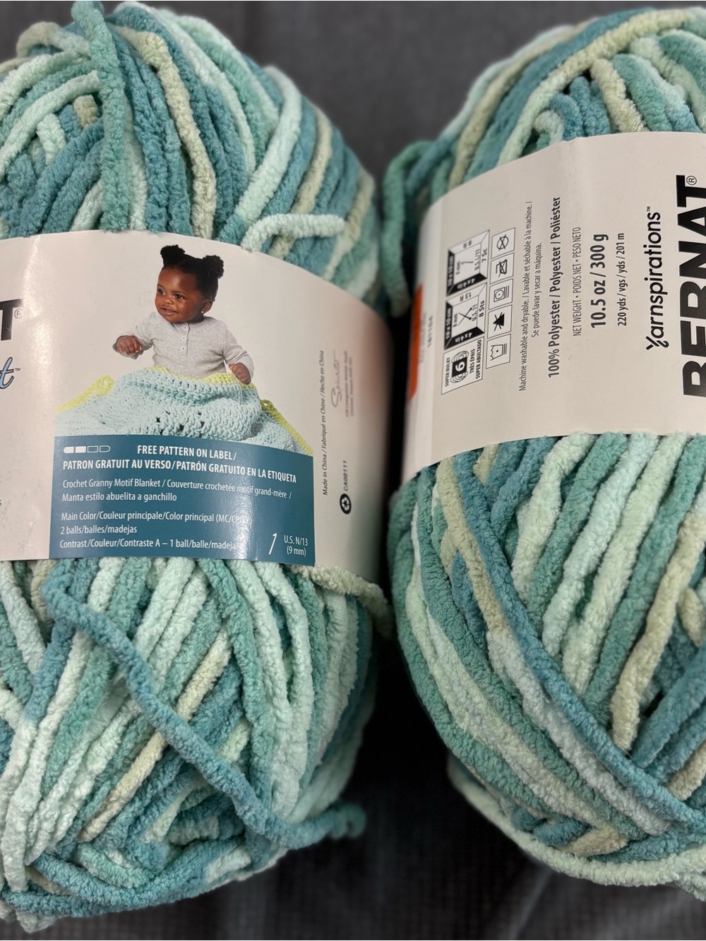 Bernat Plush baby blanket yarn. 2 skeins blue-green